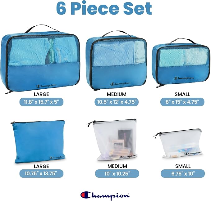 Champion Packing Cubes for Travel - 6 Piece Organizer Set, Carry-On Ready | Breathable mesh, sturdy handles; 3 cubes, 1 laundry bag, 2 zip pouches; zipper closure; fits carry-on and full-size suitcases - Image 2
