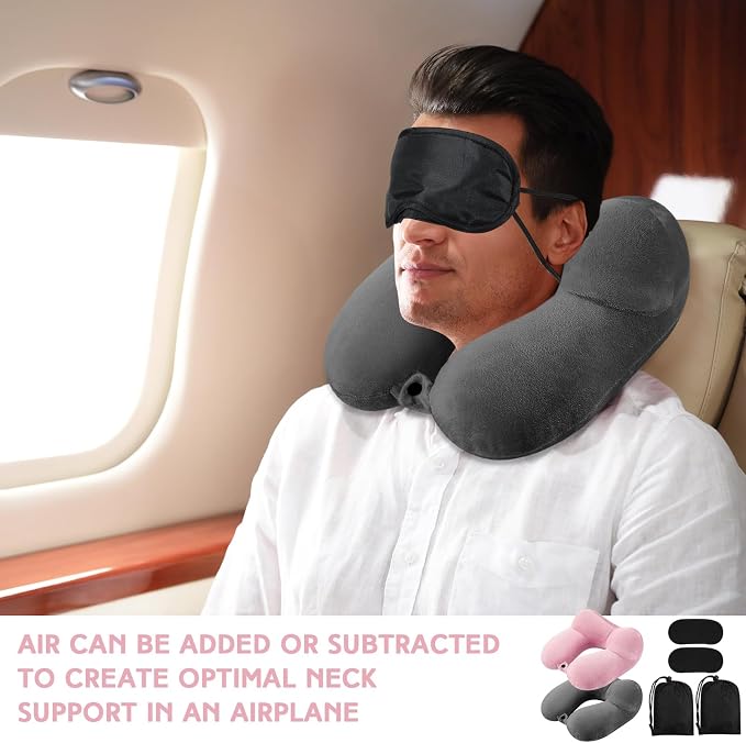 Sintuff 2 Pack Inflatable Travel Pillow for Airplanes Inflatable Neck Flight Pillows with Compact Bag and Blindfold for Traveling, Airplane, Train, Car, Office(Dark Gray and Light Pink) - Image 6