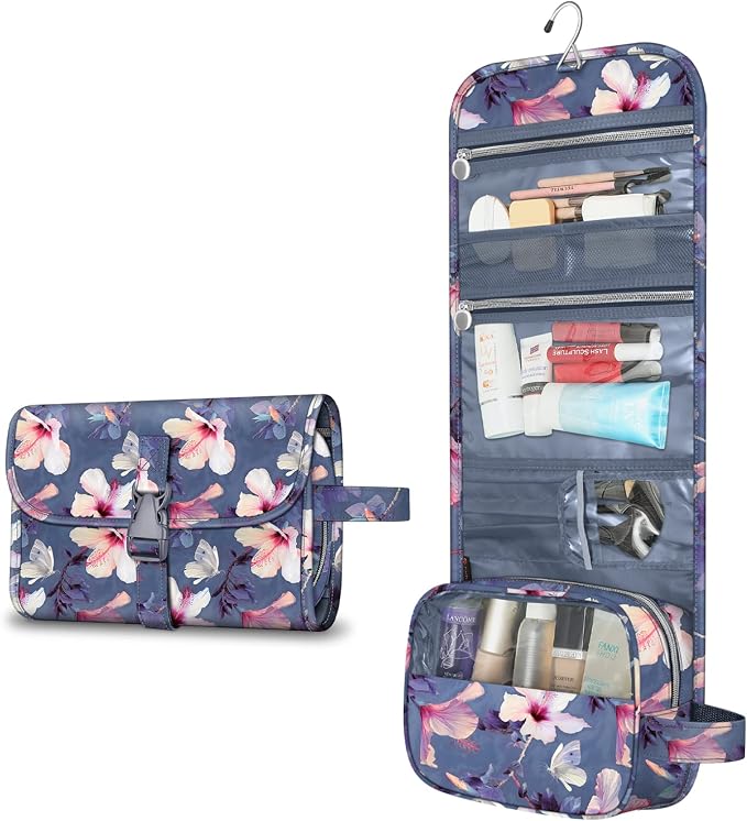 FINTIE Portable Toiletry Cosmetic Travel Bag Hanging Makeup Organizer | Large Water Resistant Storage Pouch Case, For Women Girls, Blooming Hibiscus - Image 8