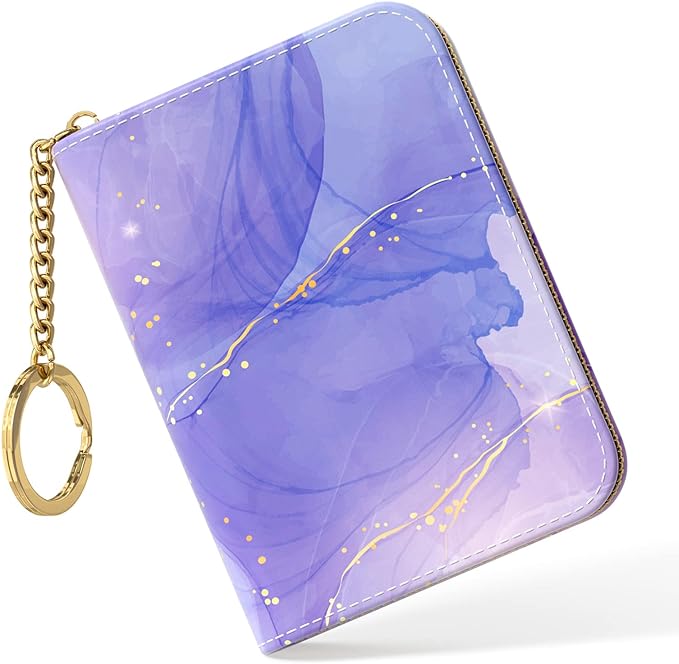 Nipichsha Women's Slim Leather RFID Wallet, Purple Marble, Compact Size, 12-Slot with Zipper and Keychain | Leather Card Holder Wallet, Credit Card Wallet Organizer, Business Card Case with Zipper & Keychain, 12-Slot Compartment by Nipichsha