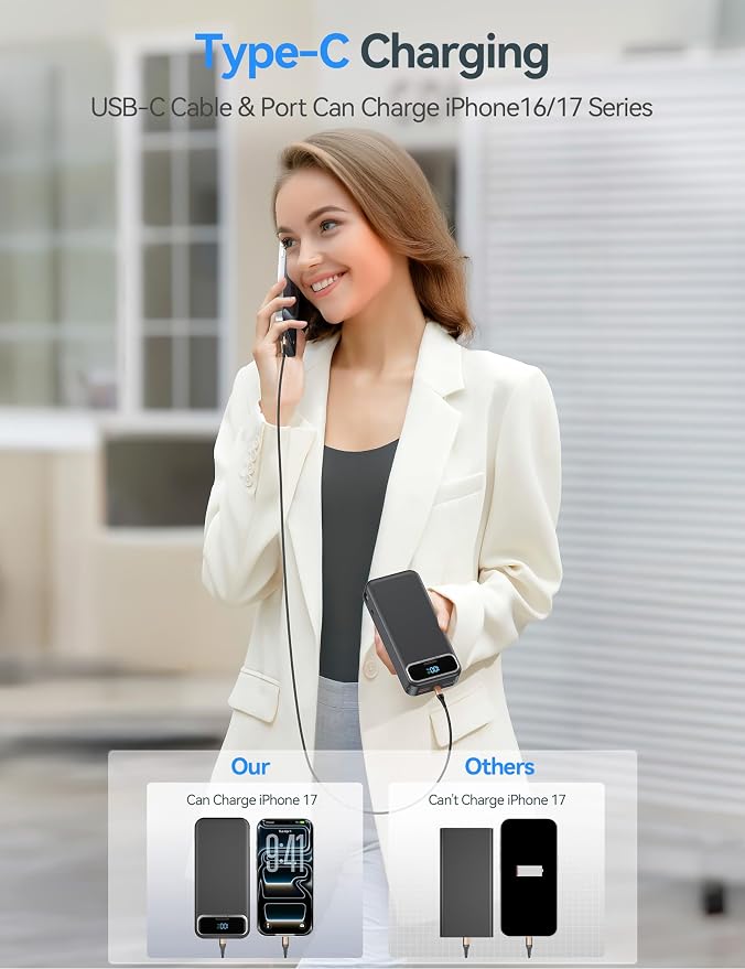 aonidi Portable Charger 20000mAh with Built-in Cables&AC Wall Plug, Black | PD20W Fast Charging,Travel Essential,TSA Approved,LED Display,All in One USB C Power Bank for All Cell Phones Devices - Image 5