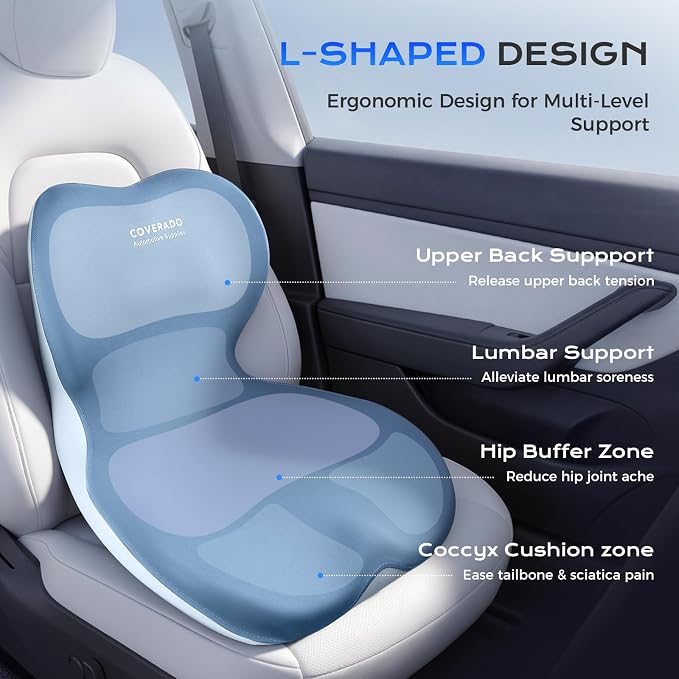 Coverado Car Seat Cushion and Lumbar Support Pillow One Piece, Memory Foam Ergonomic Back Support Driving Seat Cushion for Back Pain, Non-Slip Washable Cushion for Car, Driver, Office - Image 2