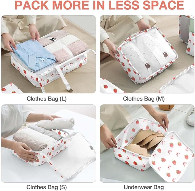 8 Set Packing Cubes for Suitcases,Packing Cube with Shoe, Cosmetics, Clothing, and Accessories Bags Packing Cubes for Travel Luggage Organizer Women Men(Strawberry Bows) - Image 4
