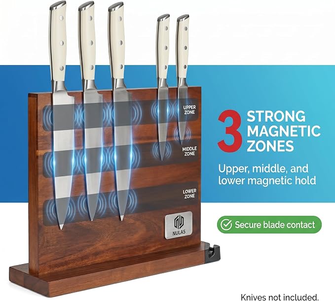 Magnetic Knife Block with Built-in Sharpener, Double-Sided Countertop Magnetic Knife Holder, Holds Up to 12 Knives & Metal Kitchen Tools, Brown - Image 3