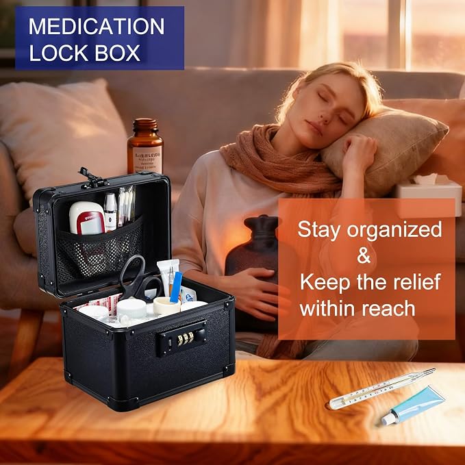 Black Medicine Lock Box - 7" Medication Lock Box & Lockable Storage Box for Personal Items - Secure Medicine Storage Box with 3-Digit Combination Lock - Aluminum Small Lock Box for Home Travel - Image 5