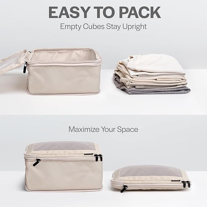 Compression Packing Cubes for Travel, 2-Pack, Beige | Solves overpacking, 2-Piece set fits most carry-ons, 50% Space savings, Compression luggage organizer bags - Image 5
