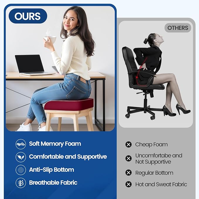 SweetSlubr Seat Cushion, Chair Pad, Memory Foam Tailbone Pain Relief | Office Chair Cushion for Tailbone Pain Relief, Non-Slip Cover, Soft Support for Office Chair, Car Seat, Airplane,Large/Red - Image 5