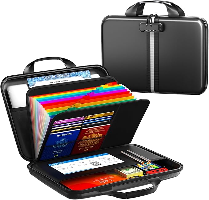 Fireproof Document Organizer with Lock, Rigid EVA File Box with 13-Pocket Accordion Folder for Important Documents & Tablets under 11", Lightweight Safe Storage for Home, Office & Travel (Small Size) by Unknown