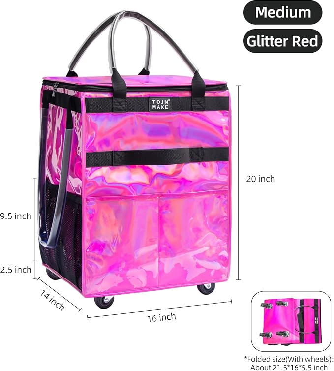 Reusable Grocery Bag On Wheels (Medium, Glitter Pink), Shopping Trolley, Rolling Tote with 8 Pockets and Zipper Cover, Foldable, Heavy Duty Handles, Carries Up to 66 LBS - Image 2