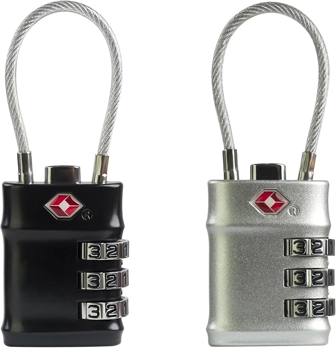 Luggage Locks TSA Approved, Small Padlock Combination with Cable, TSA Locks for Luggage, Combo Padlock with Code, for Travel Suitcase, Gym Locker, Gun Case, Backpack Zipper (Black+Silver) by SpecializeinCombinationLock