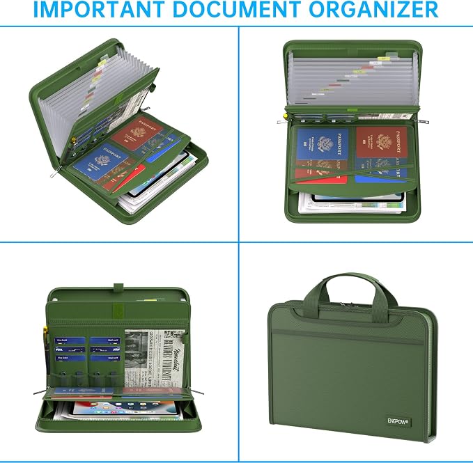 ENGPOW Accordion File Organizer,Fireproof Expanding File Folder with Multi Pockets,13 Pockets Document Organizer with Handle & Labels,Portable Home Travel Safe Storage for Letter A4 Files,Green - Image 3