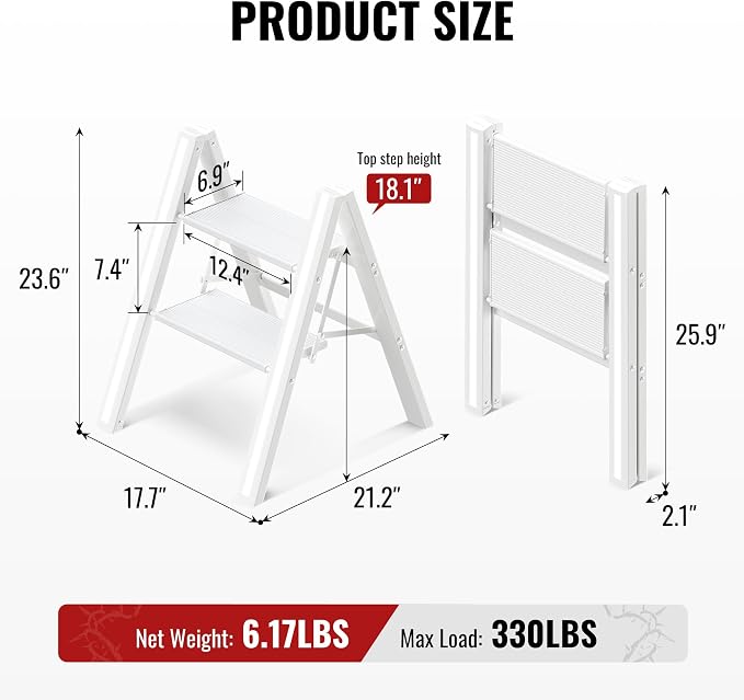 2 Step Ladder, Folding Step Stool with Anti-Slip Wide Pedal | Lightweight, Aluminum Material, 330LBS Load, Portable, Easy Storage, Space Saving, for Kitchen, Bedroom Use, White - Image 2