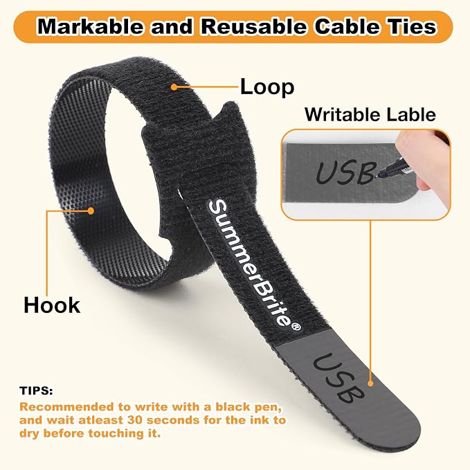 SummerBrite 70 Pack Black Cable Ties 6 Inch with Writable Labels, Reusable Cable Management Straps, Hook and Loop Cord Organizer for Home Office, PC Desk Setup, Electronics & Travel Wire Management - Image 3