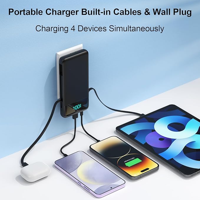 Portable Charger for iPhone,13800mAh Slim Power Bank with Built-in Cables & AC Wall Plug,All in One 4 Outputs USB C Fast Charging Battery Pack Powerbank for iPhone 17/16/15/14,Android,Travel Essential - Image 4