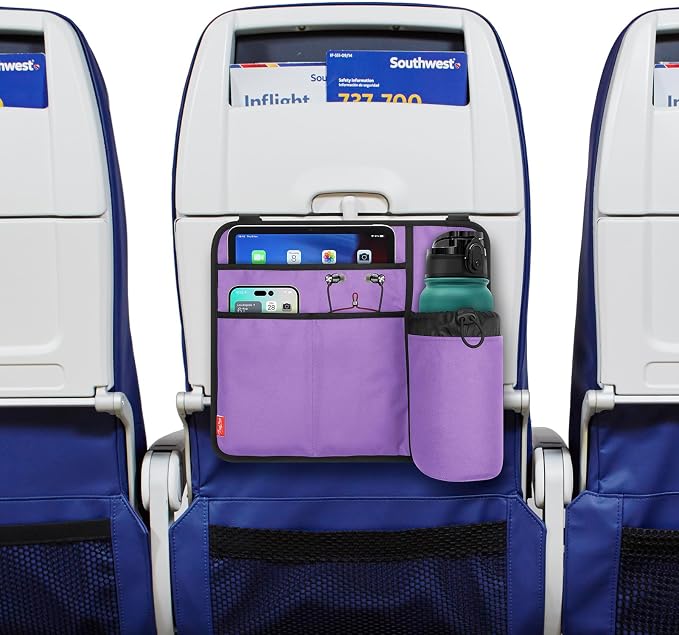 Airplane Seat Back Organizer & Storage, Airplane Tray Table Cover for Personal Items, Airline Seat Hanging Pockets Media Pouch,Reusable Travel Essentials,Fits Tablets,Cell Phone,Water Bottle (Purple) - Image 6