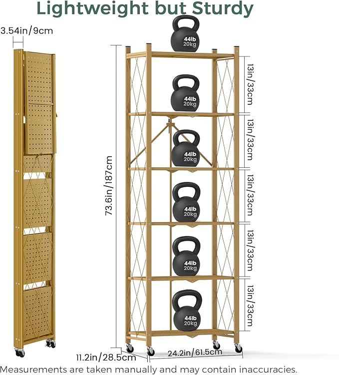DEANIC 6-Shelf Folding Bookcase with Wheels, Heavy Duty Storage Shelves, Freestanding Metal Wire Shelving Unit for Living Room, Office, Kitchen, Basement, Pantry (Gold) - Image 2