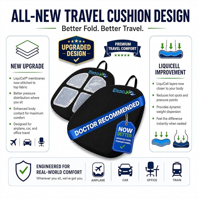 Travel Seat Cushion with LiquiCell® Membrane (Now Upgraded) - Thin Orthopedic Cushion for Sciatica, Tailbone, Back Pain Relief – Lightweight Foldable | Car, Truck, Airplane, Office & Home - Image 2