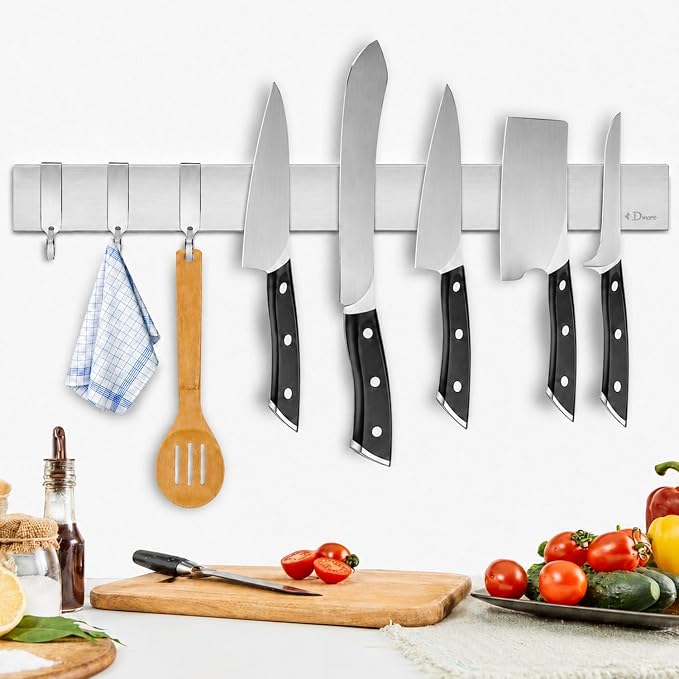 Dmore magnetic knife holder for wall—with 3 hooks, No Drilling 16 Inch silver knife magnetic strip, Powerful knife magnet rack, include Adhesive Tape and screws for Knives, Utensils, and Tools by Dmorealwaysdomore