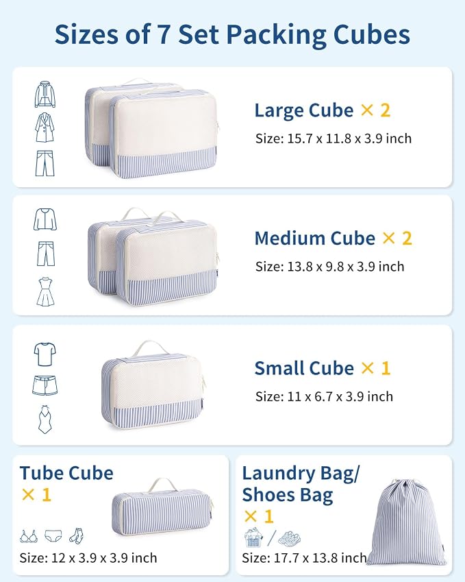 Narwey 7 Set Striped Packing Cubes for Travel Carry on Suitcase, Durable Packing Organizers Bag for Kids Women Men, Duffle Bags Backpack Travel Essentials Accessories (Greyish Blue Stripe) - Image 2