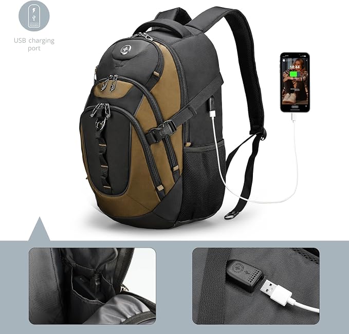 Swissdigital Design Laptop Backpack with USB Charging Port, Travel Backpack Fits 15.6-Inch Computer, 31l College School Backpack for Men, Tan/Black | SD803-34 - Image 8