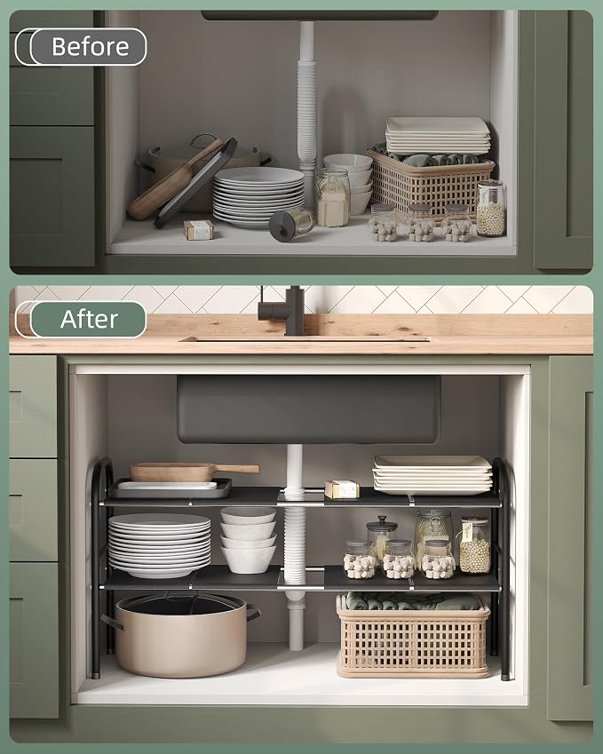 Under Sink Organizers and Storage,Expandable under cabinet organizer Shelf | 2 tier expandable shelf for kitchen,bathroom,shoe rack,8 Removable ABS Panels,Adjustable partition height,20.6-32.2" W,2 Pcs - Image 6