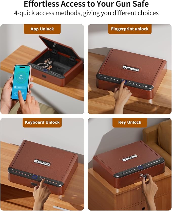 BILLCONCH Smart Gun Safe for Handgun with Fingerprint, App & Security Cable | Biometric Gun Safe 4 Ways Quick Access Built-in LED Light, Ideal Handgun Safe for Nightstand and Home - Antique Bronze - Image 5