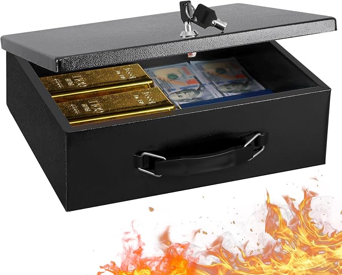KYODOLED Fireproof Document Box with Key Lock, Large Safe Storage Box for Valuables, Fire Resistance Security Chest, Lock Box for Passport, Cash, Tablet 13.2'' x 11'' x 4.13'' Black by KYODOLED