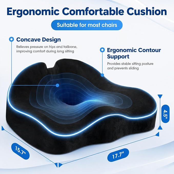 Memory Foam Seat Cushion for Office Chair & Car Seat, Black | for Office Chair, Car Seat, Relieving Pressure Tailbone Sciatica Back Pain for Long Sitting Office Workers, Car Drivers - Image 2