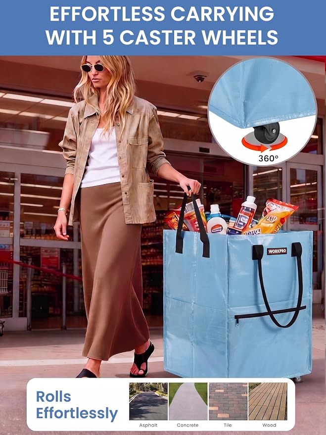 WORKPRO Large Rolling Grocery Bag, 36-Gallon Rolling Tote with 5 Wheels | Reusable Grocery Bag on Wheels, Holds Up to 110 lbs, Heavy Duty Rolling Tote for Groceries, Laundry, Moving & Back to School - Image 3