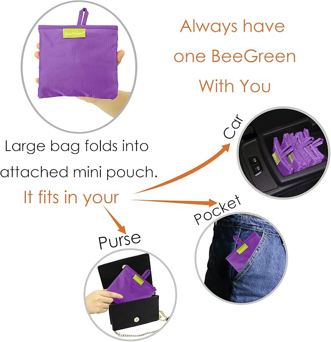 BeeGreen Purple Reusable Grocery Bags Wholesale Purple Reusable Kitchen Bags Bulk Foldable-Machine Washable with Zipper Storage Pouch 50 Packs - Image 5