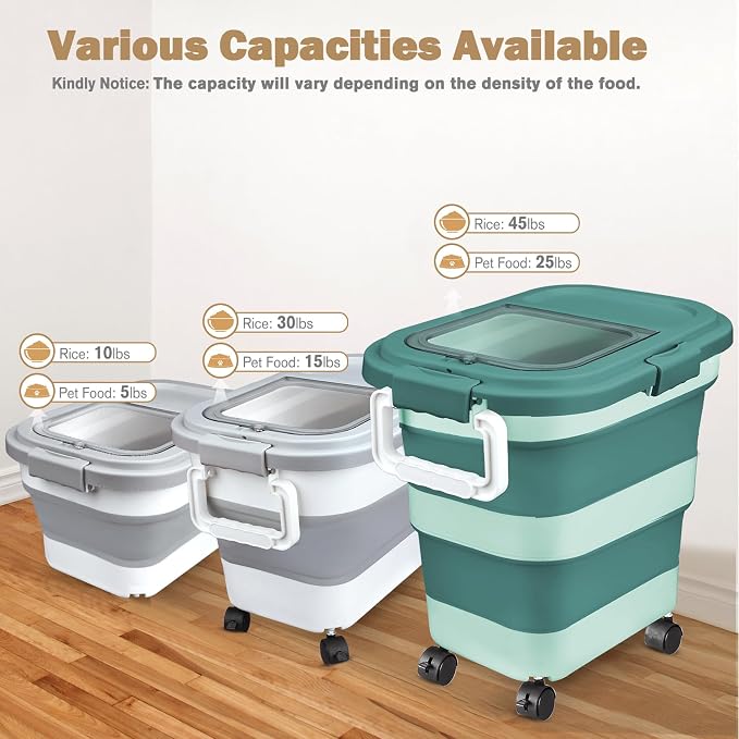 Rice Storage Container, Collapsible Airtight 10-40 Lb Rice Storage Container, 25lb Pet Dog Food Storage Container, Rice Dispenser Bin with Cup and Scoop for Flour Cereal Pasta Grain, Cat Bird - Image 2