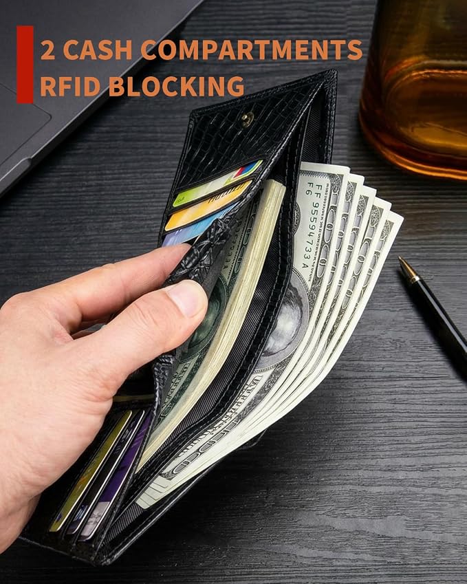 STEELLION Men's Trifold Wallet, Cowhide, 13 Card Slots, ID Window, RFID | Croc-embossed cowhide with a removable chain; practical organization for office, travel, and everyday carry (Black) - Image 6
