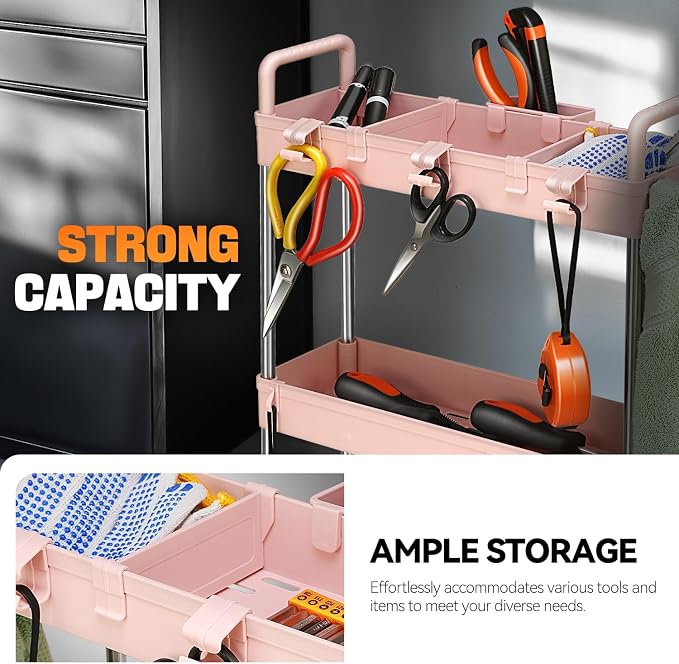 Auto Dynasty 3-Tier Rolling Utility Cart w/Handle, Narrow Storage, Pink | Sturdy Steel Frame, Smooth-Rolling Casters, Multifunctional Shelves, Space-Saving Slim Design, for Office/Kitchen/Bathroom - Image 4