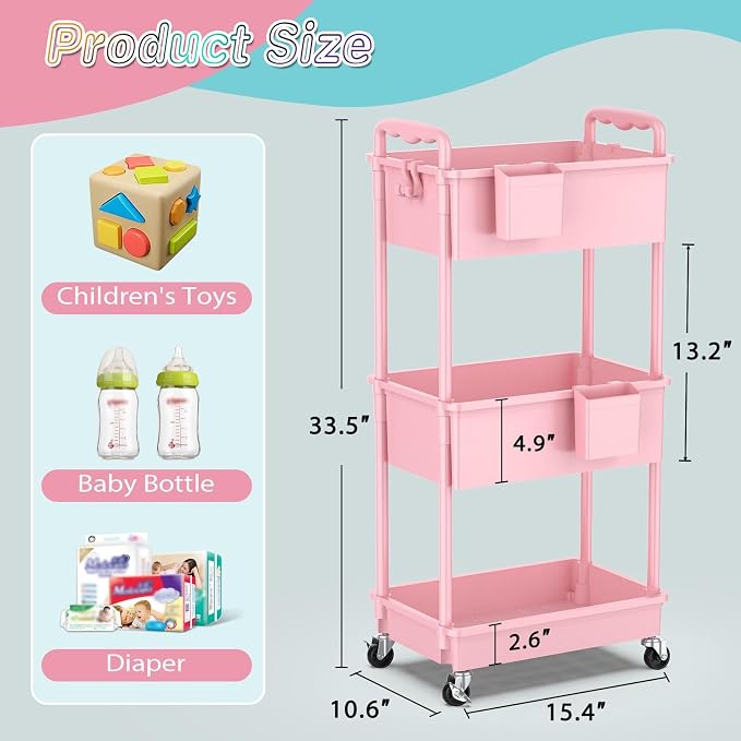SUNALLY Baby Diaper Caddy Cart, 3 Tier Rolling Diaper Cart for Nursery,Pink | Large Capacity & Easy Assemble Diaper Storage Organizer with Lockable Wheels for Newborn, New Mom, Baby Girl Boy Essentials - Image 2