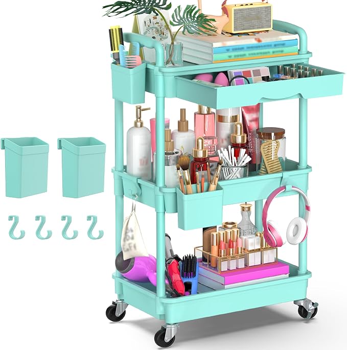 Goovilla 3 Tier Rolling Utility Cart Organizer with Removable Drawer, Blue | Stable and Sturdy Rolling Storage Carts with 2 Lockable Wheels for Bathroom, Kitchen, Snack, Craft, Makeup, Baby Essentials by Goovilla