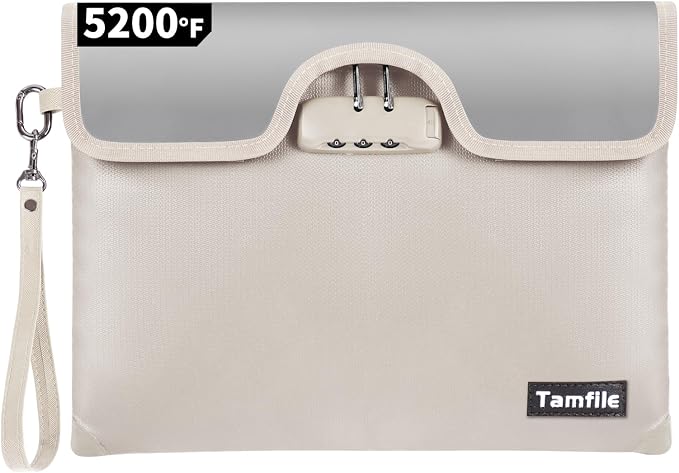 5200°F Fireproof Money Bag with Lock, Water Fireproof Document Bag with Zipper, 8 Layers Fire Insulation, Small Fireproof Safe Storage Pouch with Lock for Cash, Passport, (8.3" x 11", Beige by Tamfile