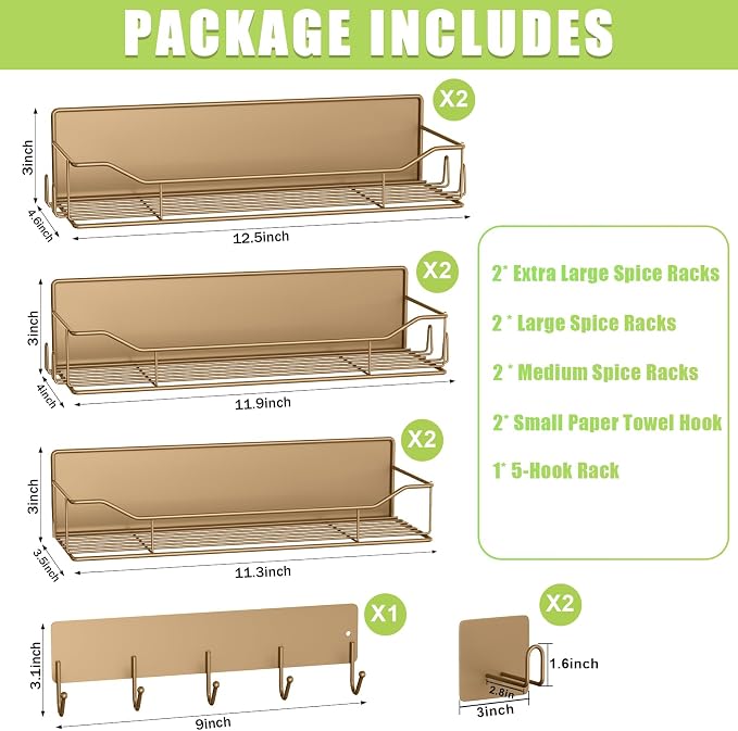 Magnetic Spice Rack for Refrigerator, 9 Pack Magnetic Fridge Shelves W/Adjustable Paper Towel Holder, Hook Rack, Moveable Spice Organizer Shelf for Kitchen Organization and Storage (Brown) - Image 2