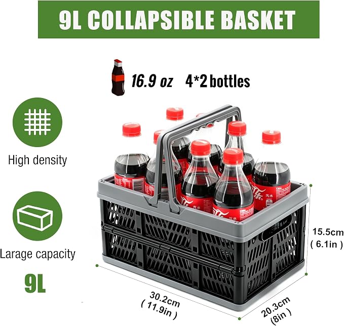 Small Plastic Baskets Black,Pack-2 Plastic baskets for organizing,collapsible shopping basket,foldable crate with Handles,collapsible storage crate,car basket,for Kitchen,Bathroom,Medicine - Image 2