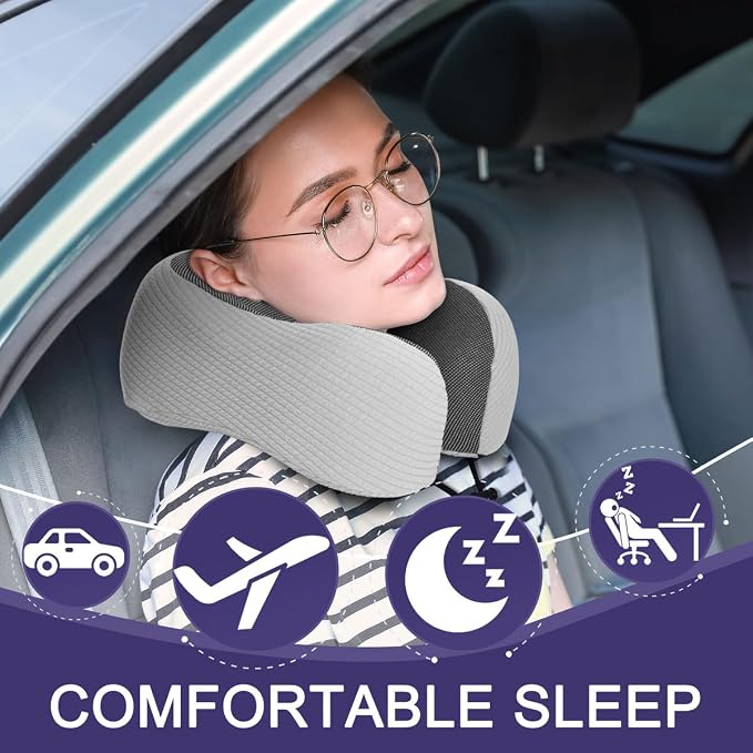 napfun Neck Pillow for Travel with Travel Pouch, Sleep Mask & Earplugs, Memory Foam Airplane Pillow for Headrest Sleep with Eyeshades, Plane Essentials with Eye Blindfold, Light Gray Striped Kit - Image 2