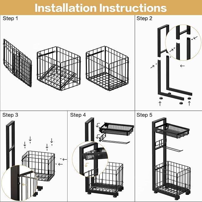 Freestanding Toilet Paper Holder Stand with Storage Shelf, Black | Sturdy Multi-tier Metal Stand with Large Foldable Basket. Versatile for Bathroom, Kitchen, Living Room. Adjustable Organizer - Image 2