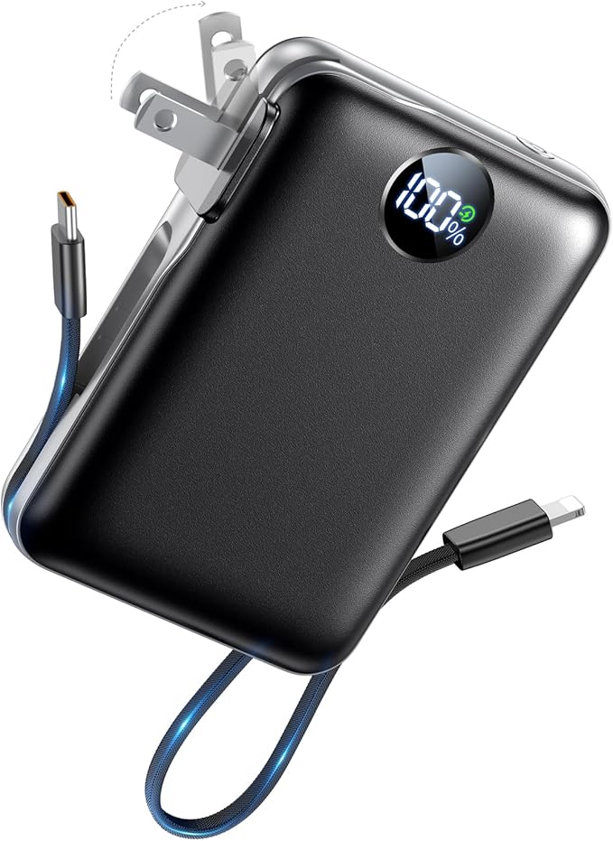 Portable Charger Power Bank 10000mAh, 45% Smaller Built-in Cables & AC Plug | Built-in Cables & AC Plug, 22.5W Fast Charging, 4-Device Charging, Travel Essential, for iPhone, iPad & Samsung Galaxy, Black by Unknown