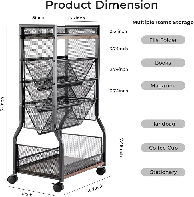8-Tier Rolling Book Cart with Lockable Wheels, Double-Sided Storage Bookshelf for Narrow Spaces, Mobile Organizer Cart for Office, Library and Home - Image 4