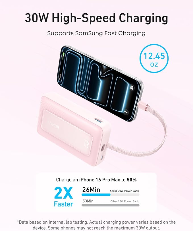 Anker Zolo Power Bank (2025 Upgraded Version), 20,000mAh 30W High-Speed Portable Charger with Built-in USB-C Cable, Battery Pack for iPhone 17/16 / 15 Series, Galaxy, and More (Pack of 2) - Image 3