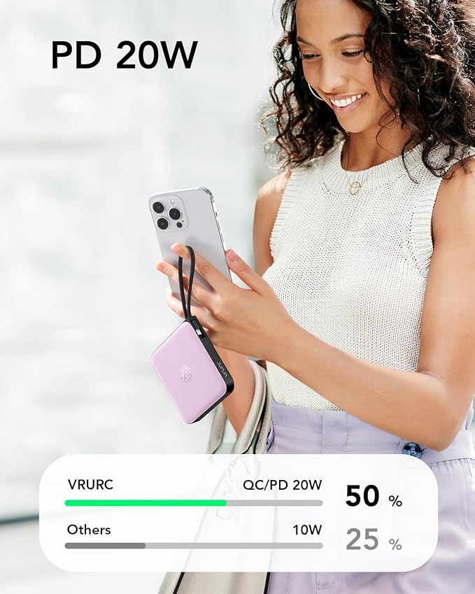 VRURC Portable Charger 10000mAh Battery Pack, Cell Phone Power Bank, Purple | Built-in Cables, 22.5W Fast Charging, Slim, Travel Essentials, Airline-Approved, for iPhone 17/16/15 Series, Samsung Android - Image 3