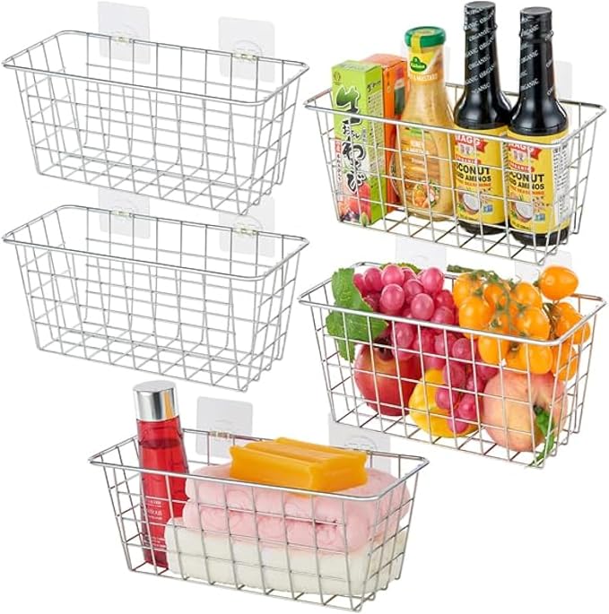 JUNCHU CHERRY 5 Pack Hanging Storage Basket, Bathroom Basket, Household Goods, with Traceless Tape, no Drilling, for Cabinet Storage, Kitchen, Bathroom, Storage Room,Chrome by JUNCHUCHERRY