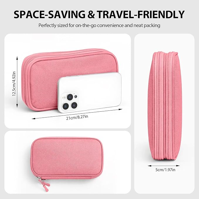 Travel Electronics Organizer Double Layer Tech Pouch Pink | Water-resistant Oxford fabric with 8 compartments for 3ft+ cords, chargers and phones. Includes 8 cable ties. - Image 2