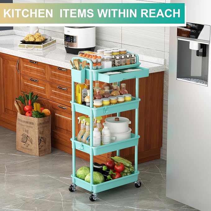Goovilla 4 Tier Rolling Utility Cart Organizer with Removable Drawer, Blue | Stable and Sturdy Rolling Storage Carts with 2 Lockable Wheels for Bathroom, Kitchen, Snack, Craft, Makeup, Baby Essentials - Image 7