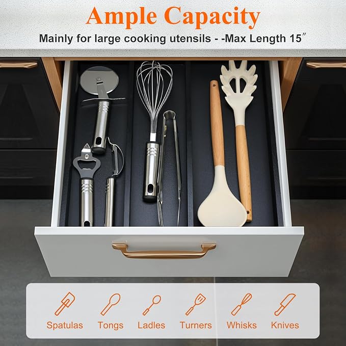 Expandable Black Bamboo Kitchen Utensils Drawer Organizer Silverware Tray | Large Cooking Utensil Tray Drawer Divider Insert Big Spatula Cutlery Holder Knife Spoon Flatware Wood Kitchen Tool Organizer - Image 3