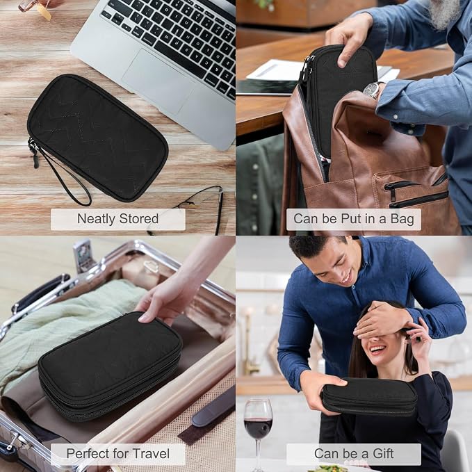 FYY Electronic Organizer, Travel Tech Pouch Bag, Medium, Black Quilted | Wrist Strap, Waterproof, Double Layers Portable Electronics Travel Carrying Case for Cord, Charger, Daily Business Trips Use - Image 7