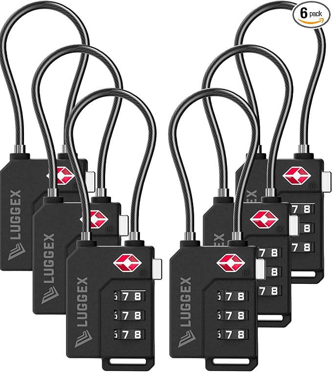 LUGGEX 6 Pack TSA Locks for Luggage, Luggage Locks TSA Approved | Suitcase Locks in Gift Box, Ultra-Light 33g Combination Cable Locks, Easy-Read Dials for Suitcase Backpack Gym, Black by LUGGEXLUGGAGE
